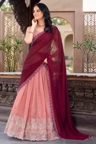 Peach Color Party Wear Embroidered Lehenga Choli Set