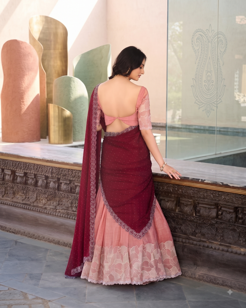 Peach Color Party Wear Embroidered Lehenga Choli Set