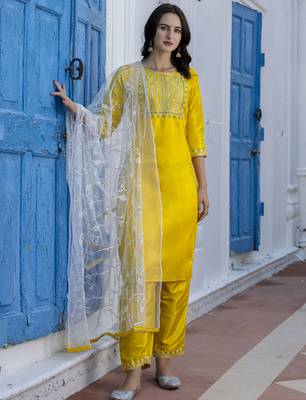 yellow fancy silk blend kurta set 2