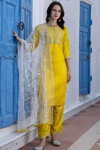 yellow fancy silk blend kurta set