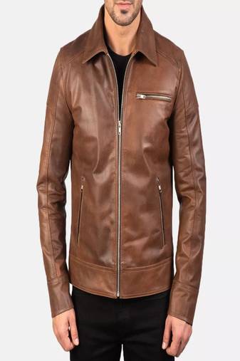 Men's brown lambskin leather jacket-straight zipper & 2 zipper pocket biker style