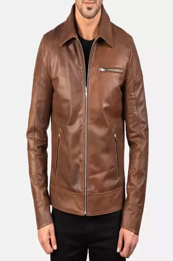 Men's brown lambskin leather jacket-straight zipper & 2 zipper pocket biker style