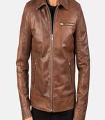 Men's brown lambskin leather jacket-straight zipper & 2 zipper pocket biker style