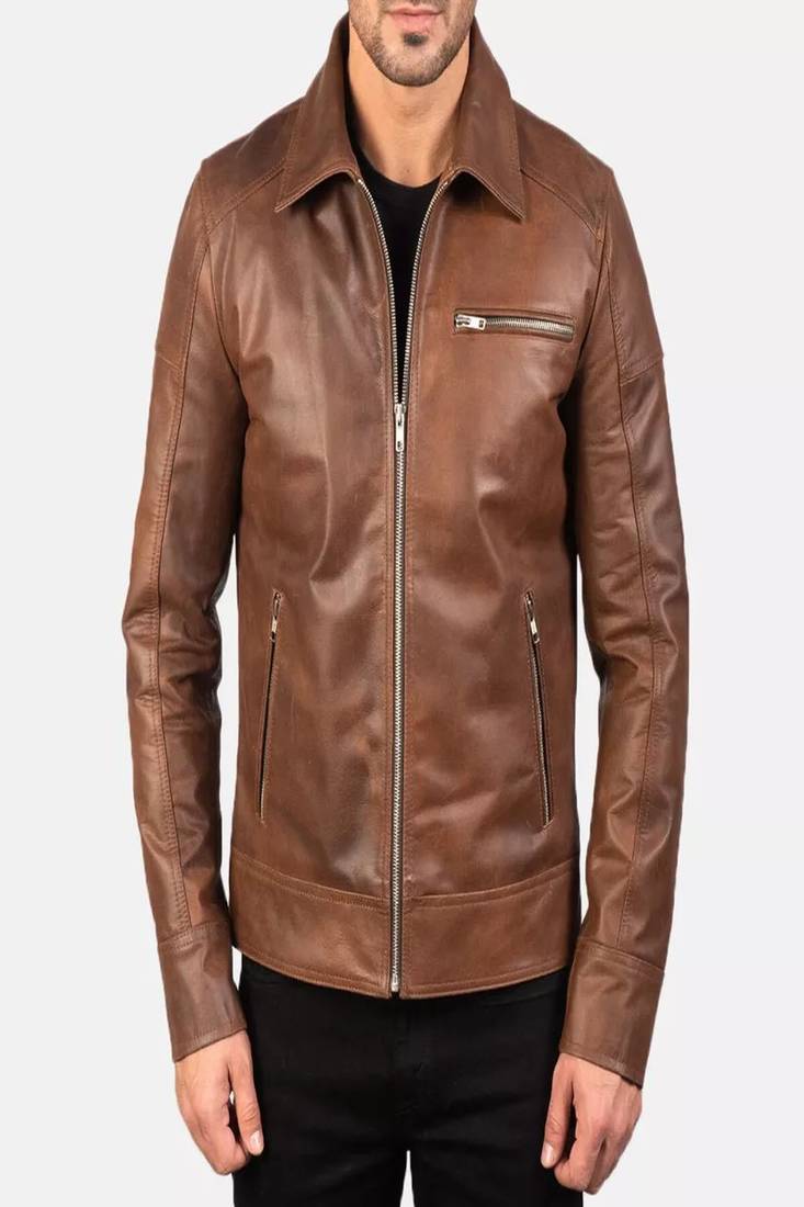 Men's brown lambskin leather jacket-straight zipper & 2 zipper pocket biker style