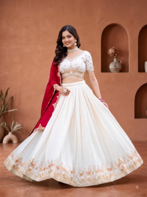 Womens  Festive Wear Designer White Lehenga Choli with Heavy Embroidery and Maroon Dupatta Set 1