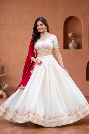 Womens Festive Wear White Lehenga Choli with Heavy Embroidery and Maroon Dupatta Set