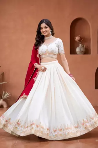 Womens Festive Wear White Lehenga Choli with Heavy Embroidery and Maroon Dupatta Set