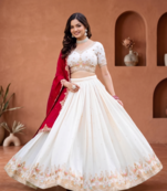 Womens  Festive Wear Designer White Lehenga Choli with Heavy Embroidery and Maroon Dupatta Set