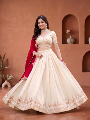 Womens Festive Wear White Lehenga Choli with Heavy Embroidery and Maroon Dupatta Set 1