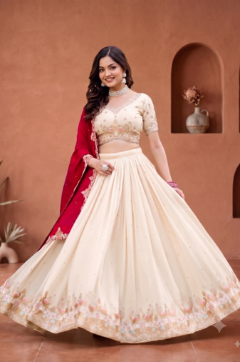 Womens Festive Wear White Lehenga Choli with Heavy Embroidery and Maroon Dupatta Set