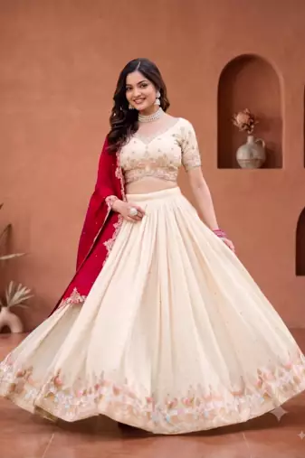Womens Festive Wear White Lehenga Choli with Heavy Embroidery and Maroon Dupatta Set