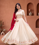 Womens Festive Wear White Lehenga Choli with Heavy Embroidery and Maroon Dupatta Set