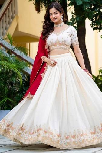 New Womens Trendy Festive Wear Designer White Lehenga Choli with Heavy Embroidery and Maroon Dupatta Set