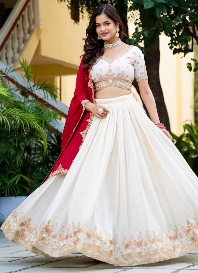 New Womens Trendy Festive Wear Designer White Lehenga Choli with Heavy Embroidery and Maroon Dupatta Set