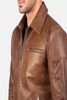 Men's brown lambskin leather jacket-straight zipper & 2 zipper pocket biker style 2
