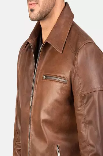 Men's brown lambskin leather jacket-straight zipper & 2 zipper pocket biker style