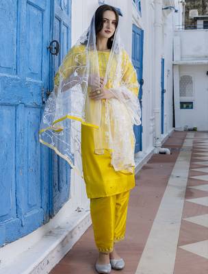 yellow fancy silk blend kurta set 3
