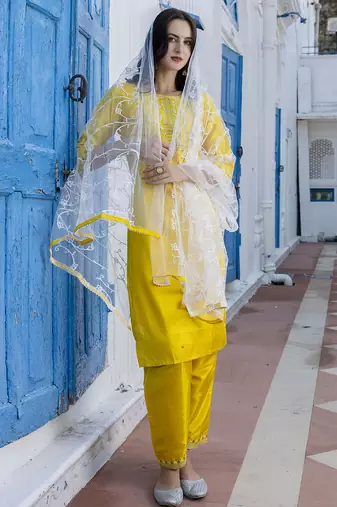 yellow fancy silk blend kurta set