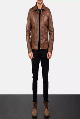 Men's brown lambskin leather jacket-straight zipper & 2 zipper pocket biker style 3