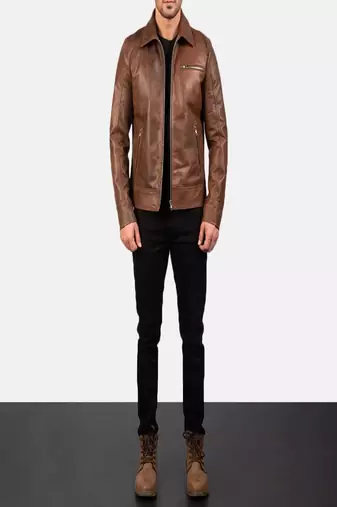 Men's brown lambskin leather jacket-straight zipper & 2 zipper pocket biker style