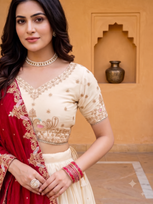 Womens Festive Wear White Lehenga Choli with Heavy Embroidery and Maroon Dupatta Set 2