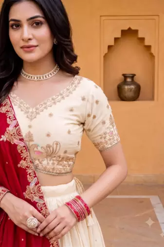 Womens Festive Wear White Lehenga Choli with Heavy Embroidery and Maroon Dupatta Set