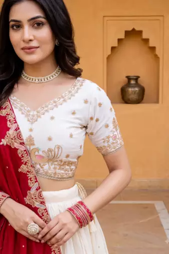 Womens Festive Wear White Lehenga Choli with Heavy Embroidery and Maroon Dupatta Set
