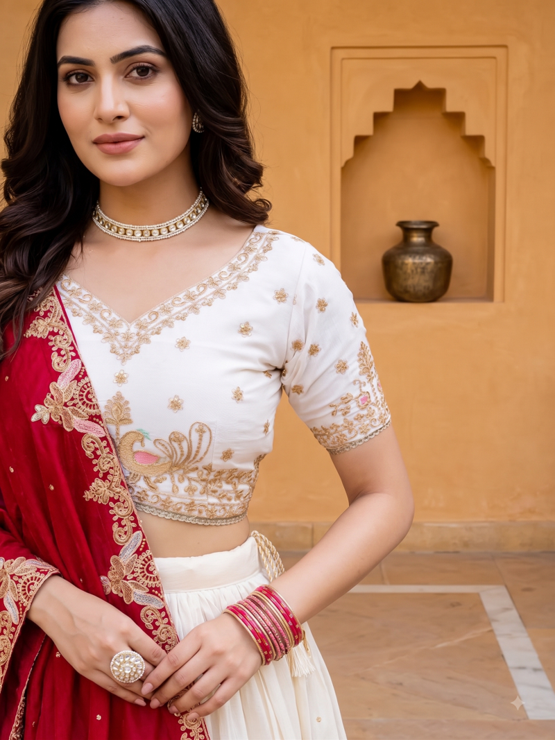 Womens  Festive Wear Designer White Lehenga Choli with Heavy Embroidery and Maroon Dupatta Set