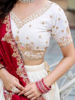 Womens  Festive Wear Designer White Lehenga Choli with Heavy Embroidery and Maroon Dupatta Set 2