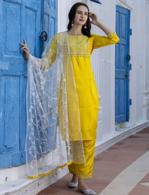 yellow fancy silk blend kurta set 4