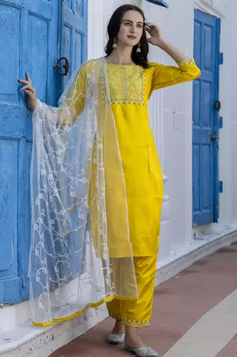 yellow fancy silk blend kurta set