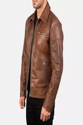 Men's brown lambskin leather jacket-straight zipper & 2 zipper pocket biker style 4