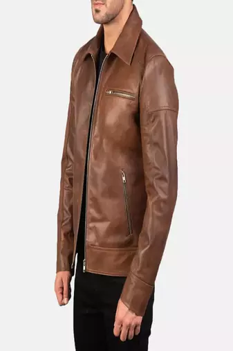 Men's brown lambskin leather jacket-straight zipper & 2 zipper pocket biker style