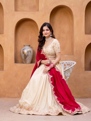 Womens Festive Wear White Lehenga Choli with Heavy Embroidery and Maroon Dupatta Set 3