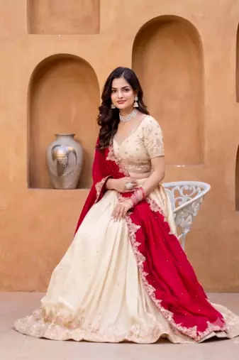 Womens Festive Wear White Lehenga Choli with Heavy Embroidery and Maroon Dupatta Set
