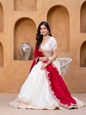 Womens  Festive Wear Designer White Lehenga Choli with Heavy Embroidery and Maroon Dupatta Set 3