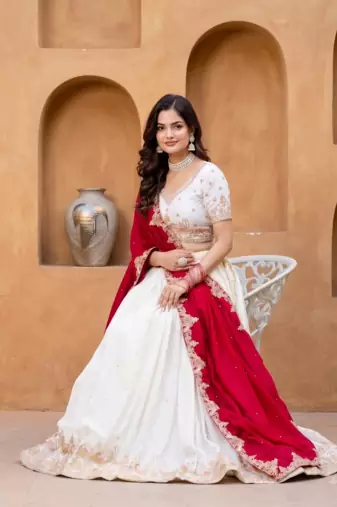 Womens Festive Wear White Lehenga Choli with Heavy Embroidery and Maroon Dupatta Set