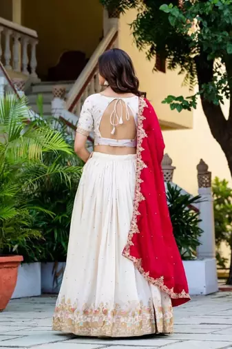 Womens Trendy Festive Wear Designer White Lehenga Choli with Heavy Embroidery and Maroon Dupatta Set