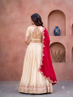 Womens Festive Wear White Lehenga Choli with Heavy Embroidery and Maroon Dupatta Set 4