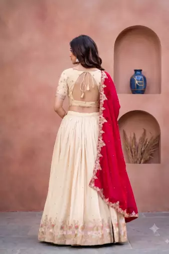 Womens Festive Wear White Lehenga Choli with Heavy Embroidery and Maroon Dupatta Set