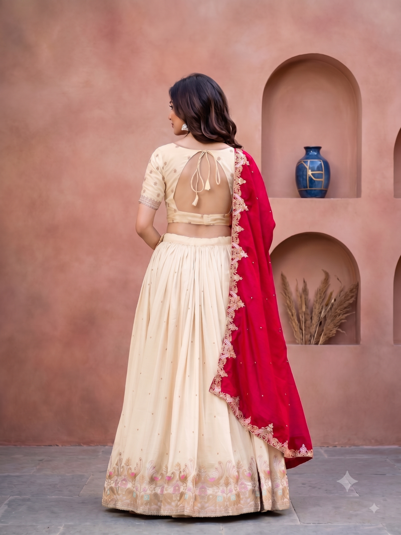 Womens Festive Wear White Lehenga Choli with Heavy Embroidery and Maroon Dupatta Set
