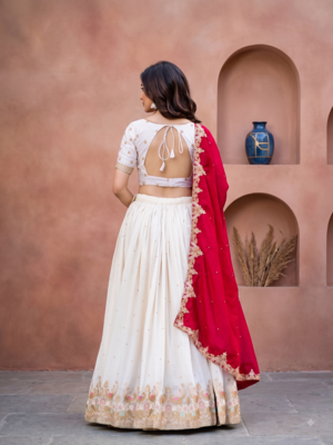 Womens  Festive Wear Designer White Lehenga Choli with Heavy Embroidery and Maroon Dupatta Set 4