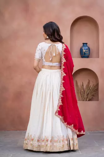 Womens Festive Wear White Lehenga Choli with Heavy Embroidery and Maroon Dupatta Set