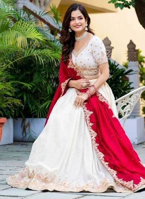 Womens  Festive Wear Designer White Lehenga Choli with Heavy Embroidery and Maroon Dupatta Set 4