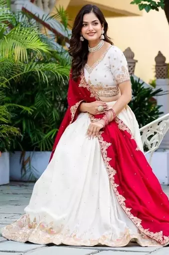 Womens Trendy Festive Wear Designer White Lehenga Choli with Heavy Embroidery and Maroon Dupatta Set