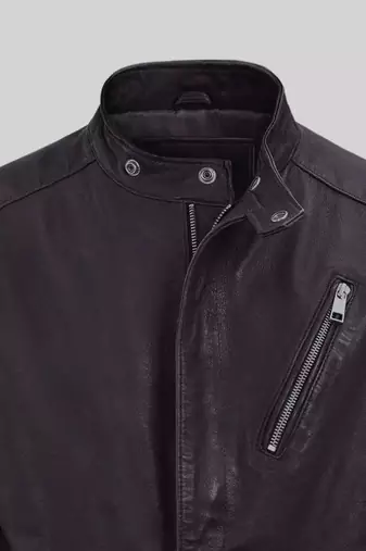 Men's black lambskin leather biker jacket- 2 pocket zipper & café racer details