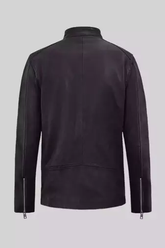 Men's black lambskin leather biker jacket- 2 pocket zipper & café racer details