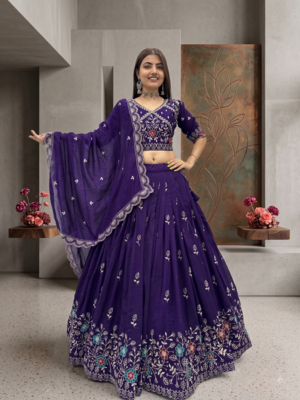 Deep Purple Embroidered Lehenga Choli with Scalloped Dupatta Set 1