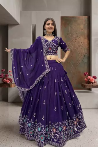Deep Purple Embroidered Lehenga Choli with Scalloped Dupatta Set