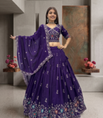Deep Purple Embroidered Lehenga Choli with Scalloped Dupatta Set